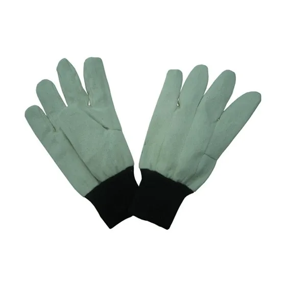 Green cotton drill work gloves, straight thumb, black knit wrist